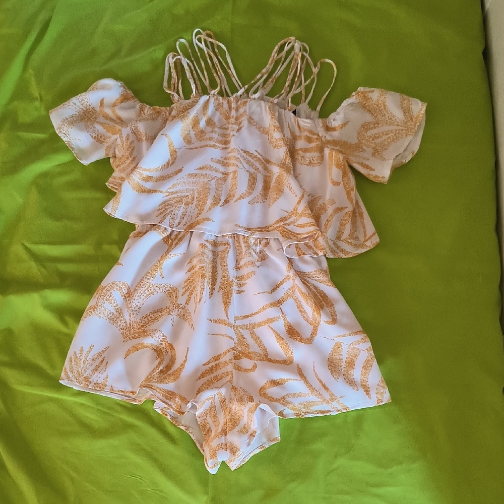 Minkpink White and Gold Leaf Print Romper M